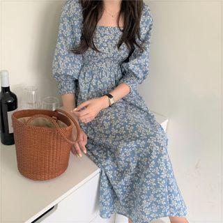 3/4-sleeve Floral Print Mini / Midi A-line Dress