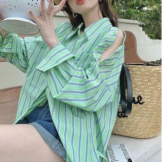 Cut-out Striped Shirt Purple Stripe - Green - One Size