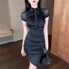 Short-sleeve Bow-neck Mini Bodycon Dress