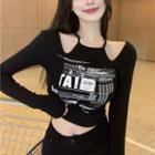 Long-sleeve Cold-shoulder Lettering Cropped T-shirt