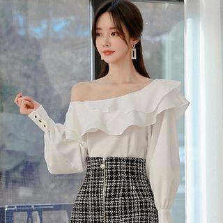 Set: Off-shoulder Long-sleeve Top + Midi Plaid Mermaid Skirt