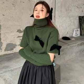 Detachable-sleeve Ribbon-accent Turtleneck Sweater