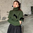 Detachable-sleeve Ribbon-accent Turtleneck Sweater