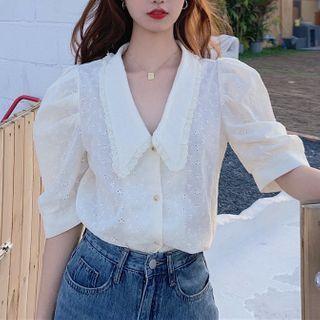 Balloon-sleeve Eyelet Lace Blouse Off-white - One Size