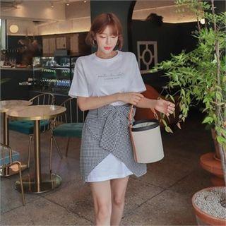 Set: Lettering Mini T-shirt Dress + Gingham Wrap Skirt