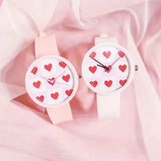 Set: Heart Print Strap Watch + Triangle Open Bangle
