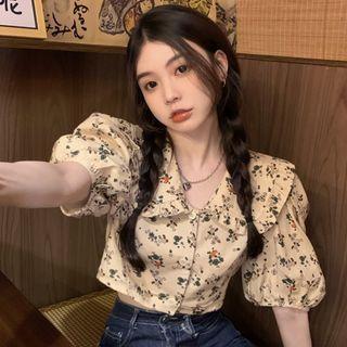 Puff-sleeve Collar Floral Blouse Floral - One Size