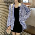 Striped Long-sleeve Shirt / Plain A-line Suspender Skirt