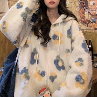 Flower Print Hooded Faux Shearling Zip Jacket