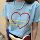 Round Neck Heart Lettering Print Short Sleeve T-shirt Blue - One Size
