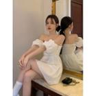 Puff-sleeve Off-shoulder Plain Mini A-line Dress White - One Size