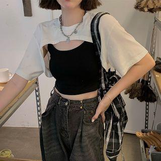 Set: Short-sleeve Crop Top + Cropped Camisole Top Crop Top - White - One Size / Camisole Top - Black - One Size