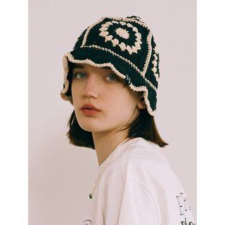 Flower-pattern Crochet Bucket Hat Black - One Size