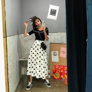 Set: Contrast-trim Knit Top + Polka-dot Maxi Skirt Black & White - One Size