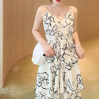 Printed Strappy Tiered Midi Chiffon Dress