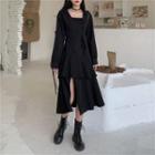 Square-neck Long-sleeve Split A-line Midi Dress