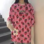 Elbow-sleeve Floral T-shirt Pink - One Size
