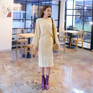 Set: Wide-sleeve Cable-knit Top + Midi Pencil Skirt