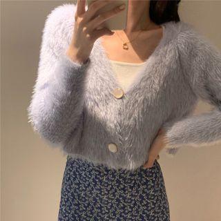V-neck Long-sleeve Cropped Cardigan Grayish Blue - One Size