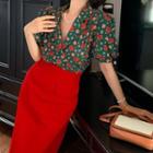 Short-sleeve Flower Print Shirt / High-waist Pencil Skirt
