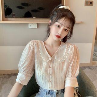 Collared Elbow-sleeve Chiffon Blouse Almond - One Size