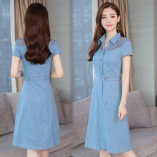 Short-sleeve Lace Panel Denim Shirt Dress