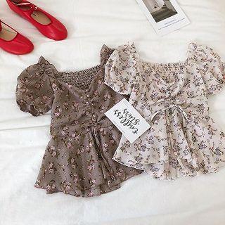Floral V-neck Puff-sleeve Chiffon Top