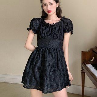 Puff-sleeve Frill Trim Mesh Panel A-line Mini Dress