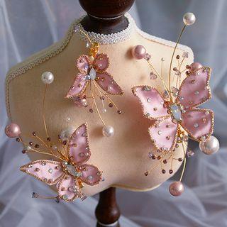 Set: Wedding Faux Pearl Butterfly Hair Clip Set Of 3 - Pink - One Size