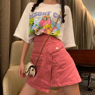 Elbow-sleeve Printed T-shirt / Mini A-line Skirt