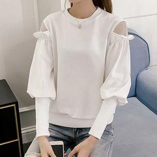 Mesh Panel Balloon-sleeve Ruffled Pullover