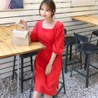 Square-neck Balloon-sleeve Dress With Cord