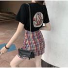 Short-sleeve Print T-shirt / Plaid Mini A-line Skirt / Set