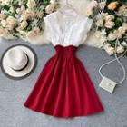 Ruffle Trim Beaded Two-tone Sleeveless A-line Dress