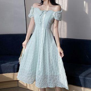 Off-shoulder Peter Pan Collar Lace-up Midi Dress