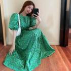 Lantern-sleeve Floral Print Dress Green - One Size