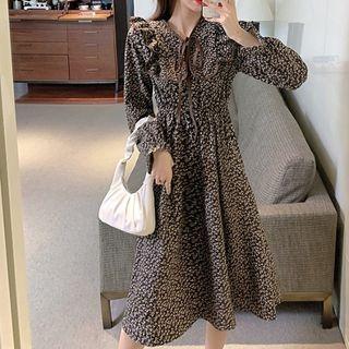 Long-sleeve Floral Print Ruffled Midi Dress