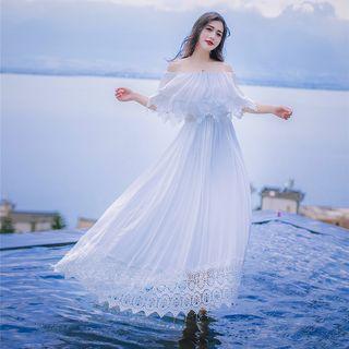 Off-shoulder Short-sleeve Tie-waist Mesh Dress