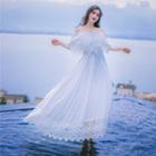 Off-shoulder Short-sleeve Tie-waist Mesh Dress