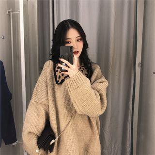 Leopard Print Long-sleeve A-line Dress / V-neck Sweater