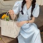 Puff-sleeve V-neck Button-up Dress