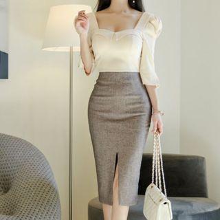 3/4-sleeve Square-neck Two-tone Sheath Dress