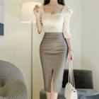 3/4-sleeve Square-neck Two-tone Sheath Dress