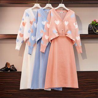 Set: Heart Print Cardigan + Midi A-line Skirt