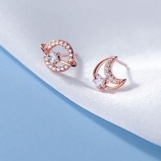 Planet Moon Rhinestone Asymmetrical Sterling Silver Earring
