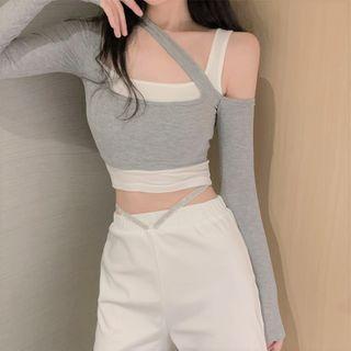Long-sleeve Mock Two-piece Crop Top / Wide-leg Pants
