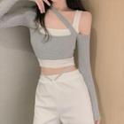 Long-sleeve Mock Two-piece Crop Top / Wide-leg Pants