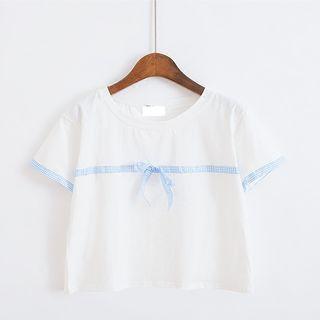 Plaid Trim Bow Accent Short Sleeve Cropped T-shirt