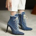 Lace-up Frayed Denim High Heel Short Boots