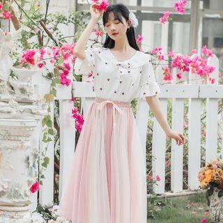 Short-sleeve Heart Print Blouse / Midi A-line Skirt / Set